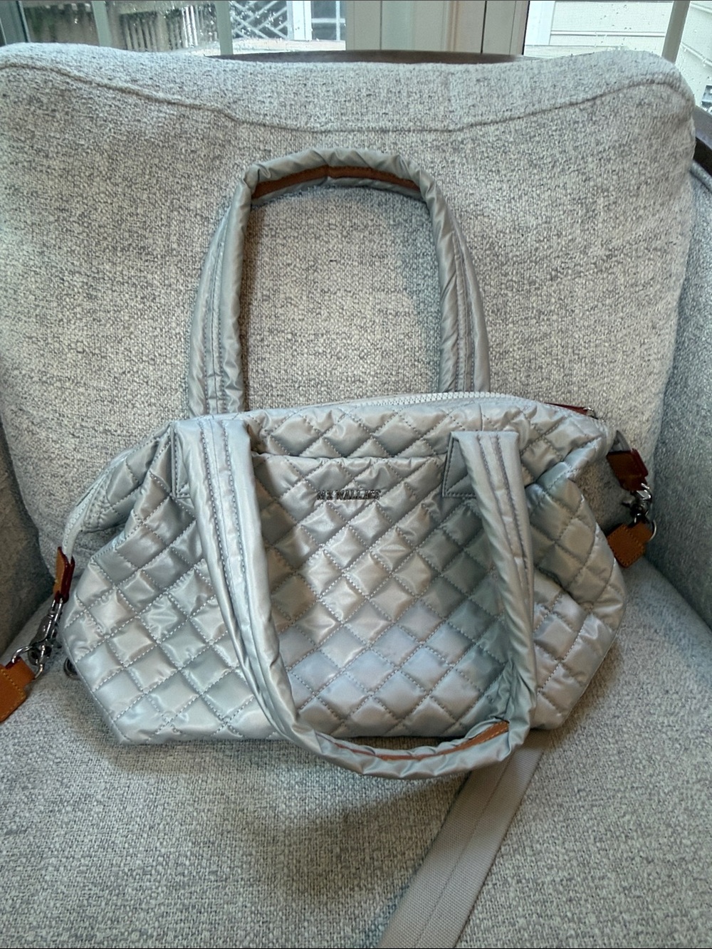 MZ Wallace Quilted Silver Tote Bag with Shoulder Strap